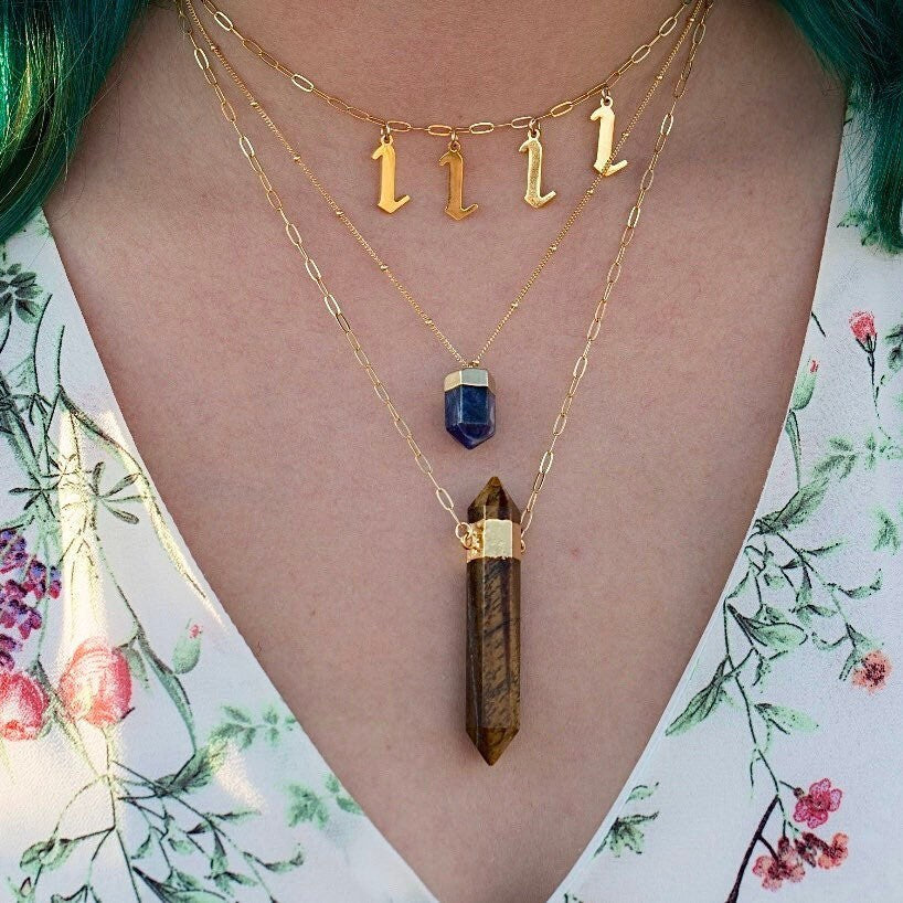 Large Tigers Eye Point Necklace, Double Terminated Tigers Eye Necklace, Tigers Eye Pendant Gold, Solar Plexus Chakra Crystal Necklace