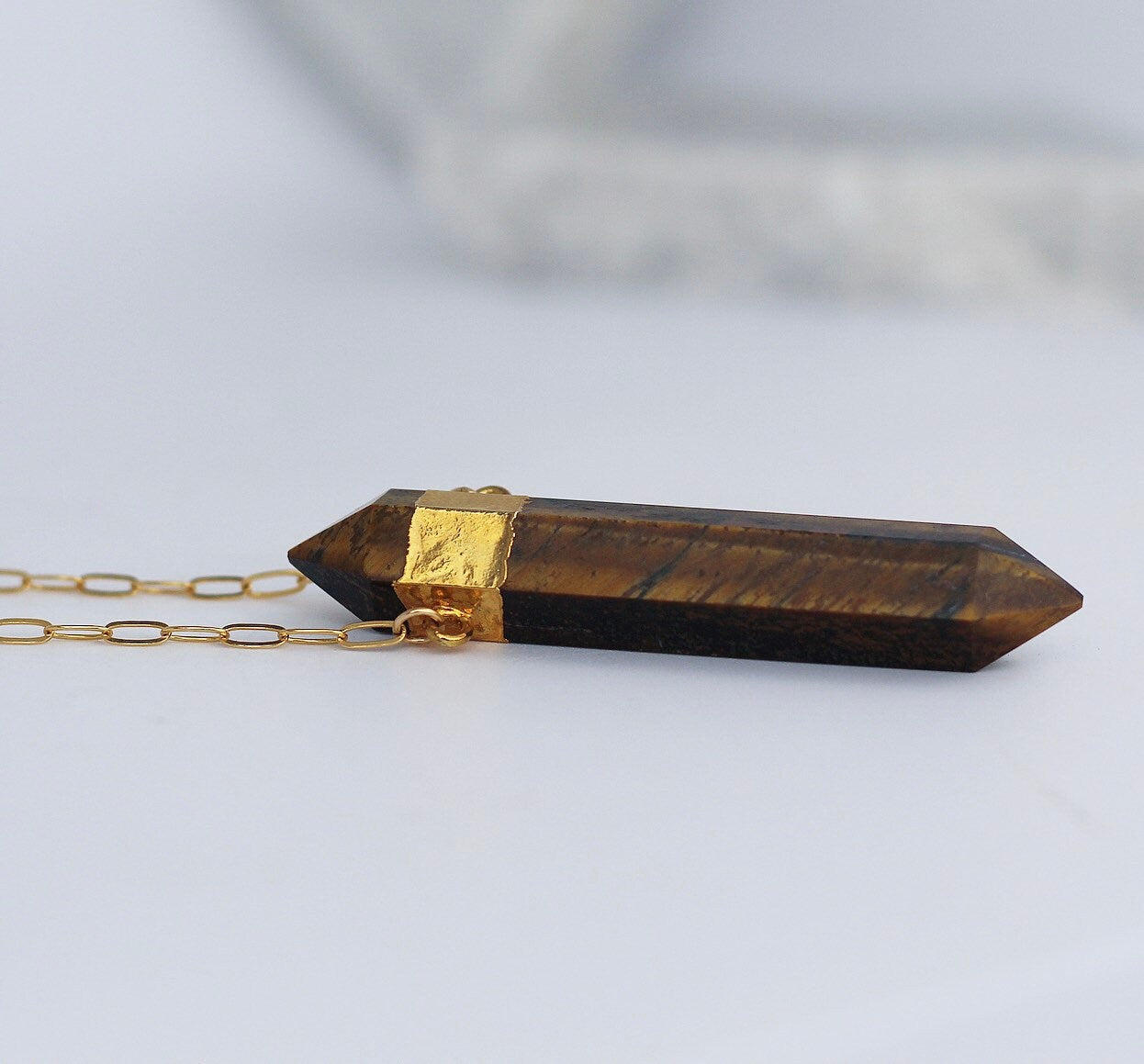 Large Tigers Eye Point Necklace, Double Terminated Tigers Eye Necklace, Tigers Eye Pendant Gold, Solar Plexus Chakra Crystal Necklace