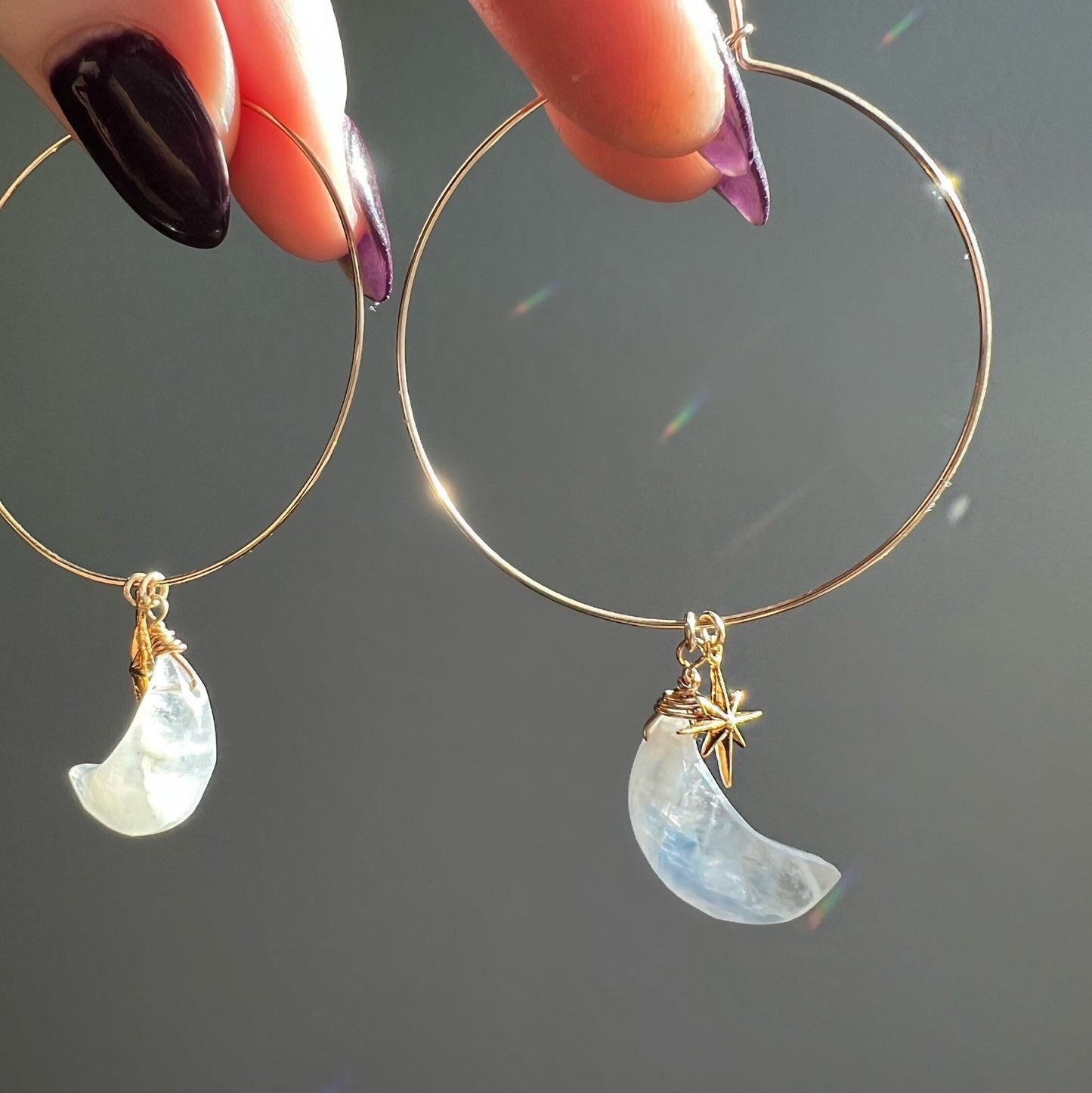 Rainbow Moonstone Hoop Earrings, Moonstone Moon Earrings, Moon and Star Earrings, Moon and Stars Gift, Moonstone Crystal Gold Hoop Earrings