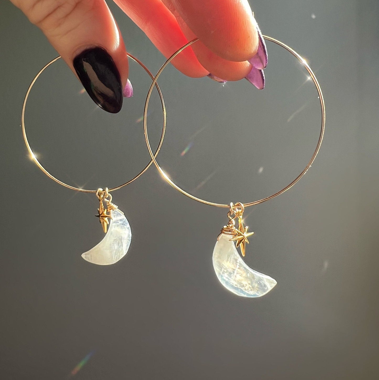 Rainbow Moonstone Hoop Earrings, Moonstone Moon Earrings, Moon and Star Earrings, Moon and Stars Gift, Moonstone Crystal Gold Hoop Earrings