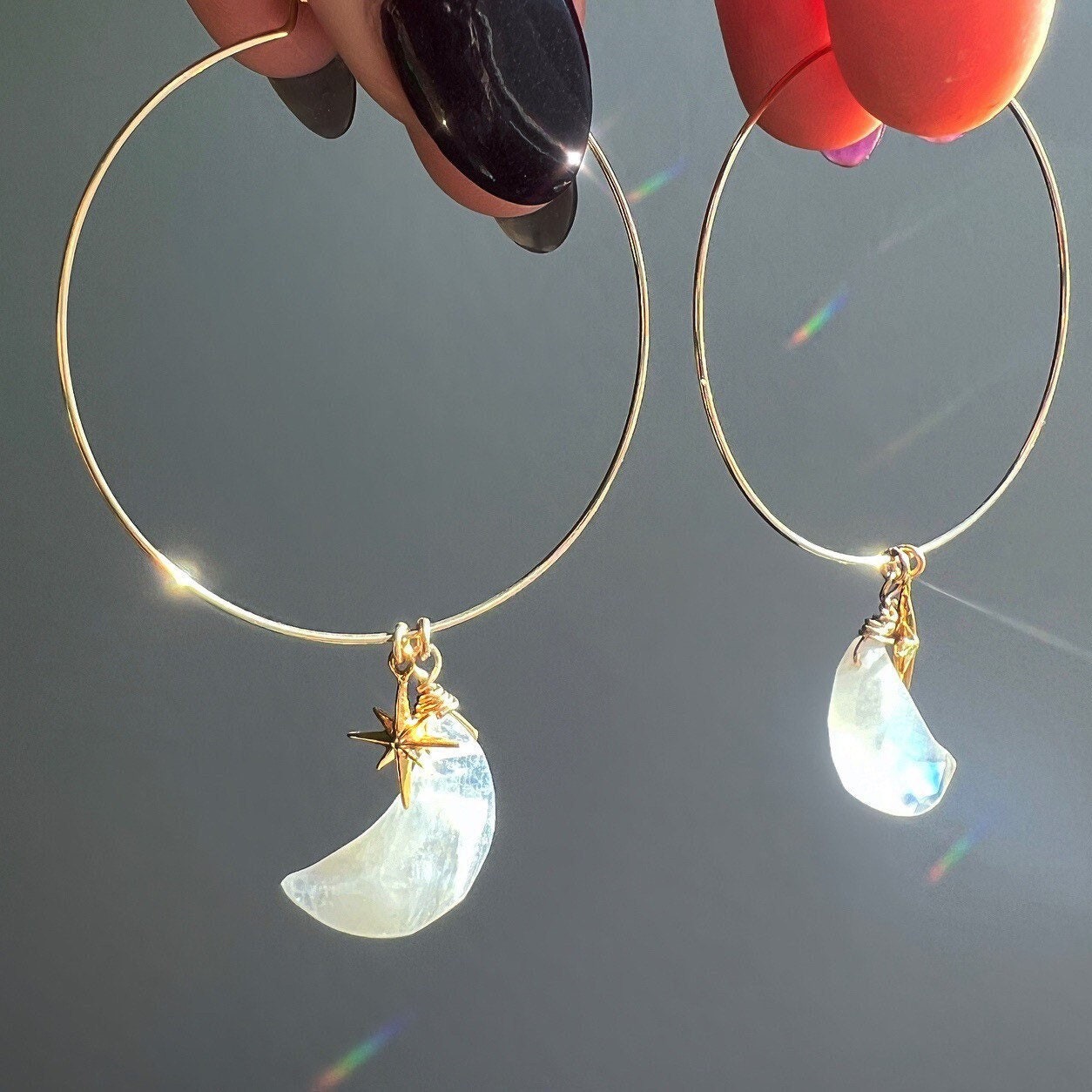 Rainbow Moonstone Hoop Earrings, Moonstone Moon Earrings, Moon and Star Earrings, Moon and Stars Gift, Moonstone Crystal Gold Hoop Earrings
