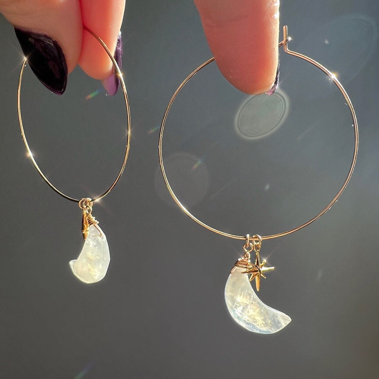 Rainbow Moonstone Hoop Earrings, Moonstone Moon Earrings, Moon and Star Earrings, Moon and Stars Gift, Moonstone Crystal Gold Hoop Earrings