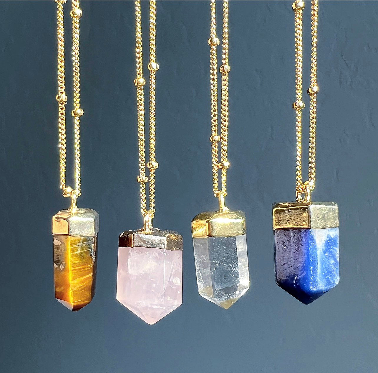 Small Crystal Point Necklace, Chakra Healing Gold Necklace, Gold Filled Satellite Chain, Crystal Quartz, Tigers Eye, Rose Quartz, Sodalite