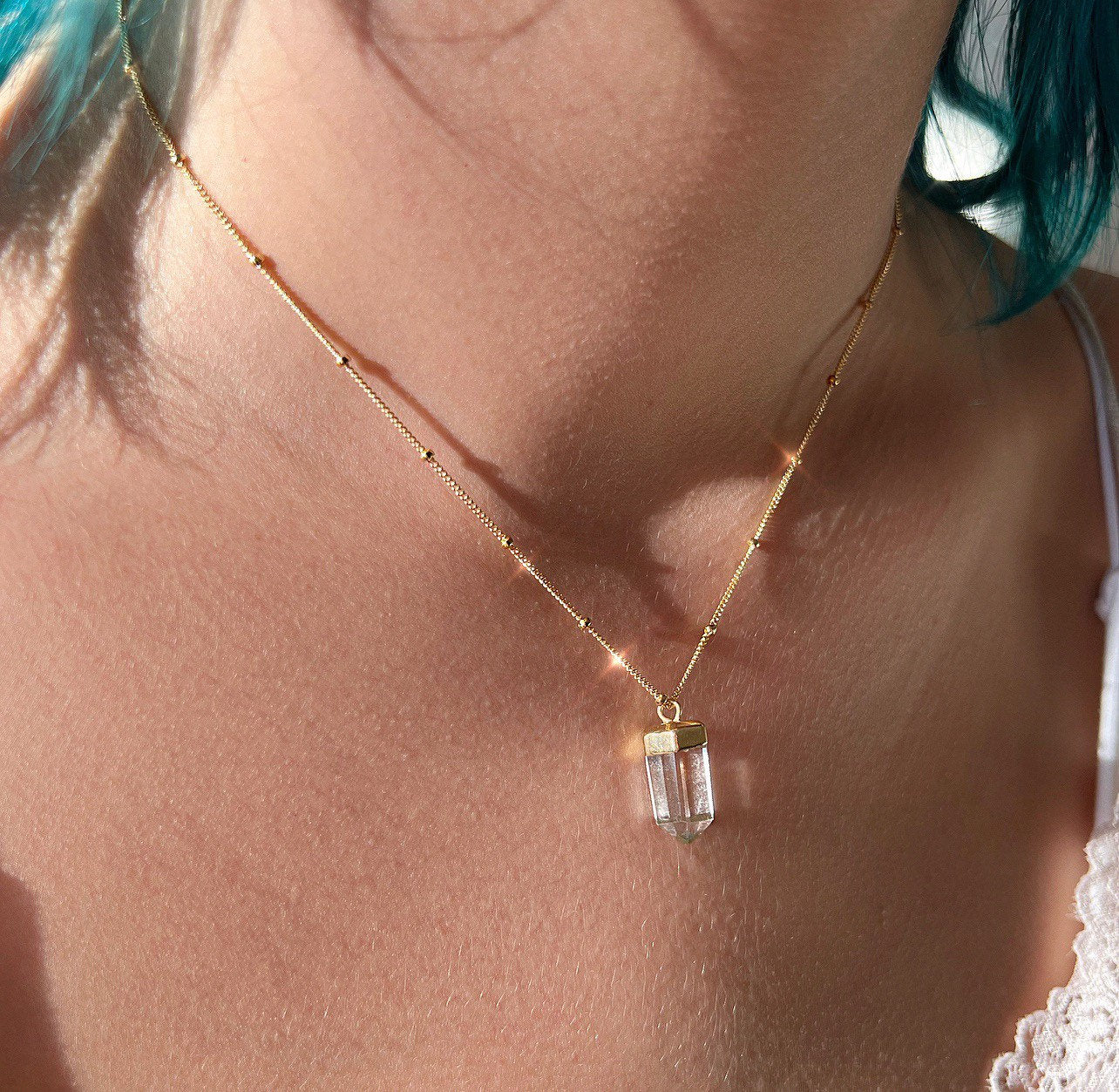 Small Crystal Point Necklace, Chakra Healing Gold Necklace, Gold Filled Satellite Chain, Crystal Quartz, Tigers Eye, Rose Quartz, Sodalite