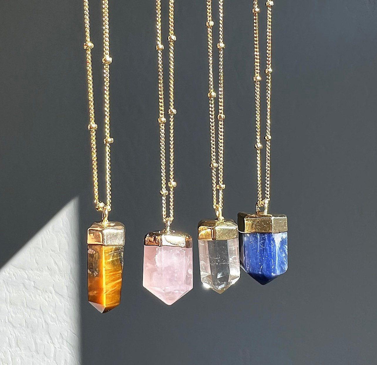 Small Crystal Point Necklace, Chakra Healing Gold Necklace, Gold Filled Satellite Chain, Crystal Quartz, Tigers Eye, Rose Quartz, Sodalite