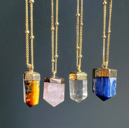 Small Crystal Point Necklace, Chakra Healing Gold Necklace, Gold Filled Satellite Chain, Crystal Quartz, Tigers Eye, Rose Quartz, Sodalite