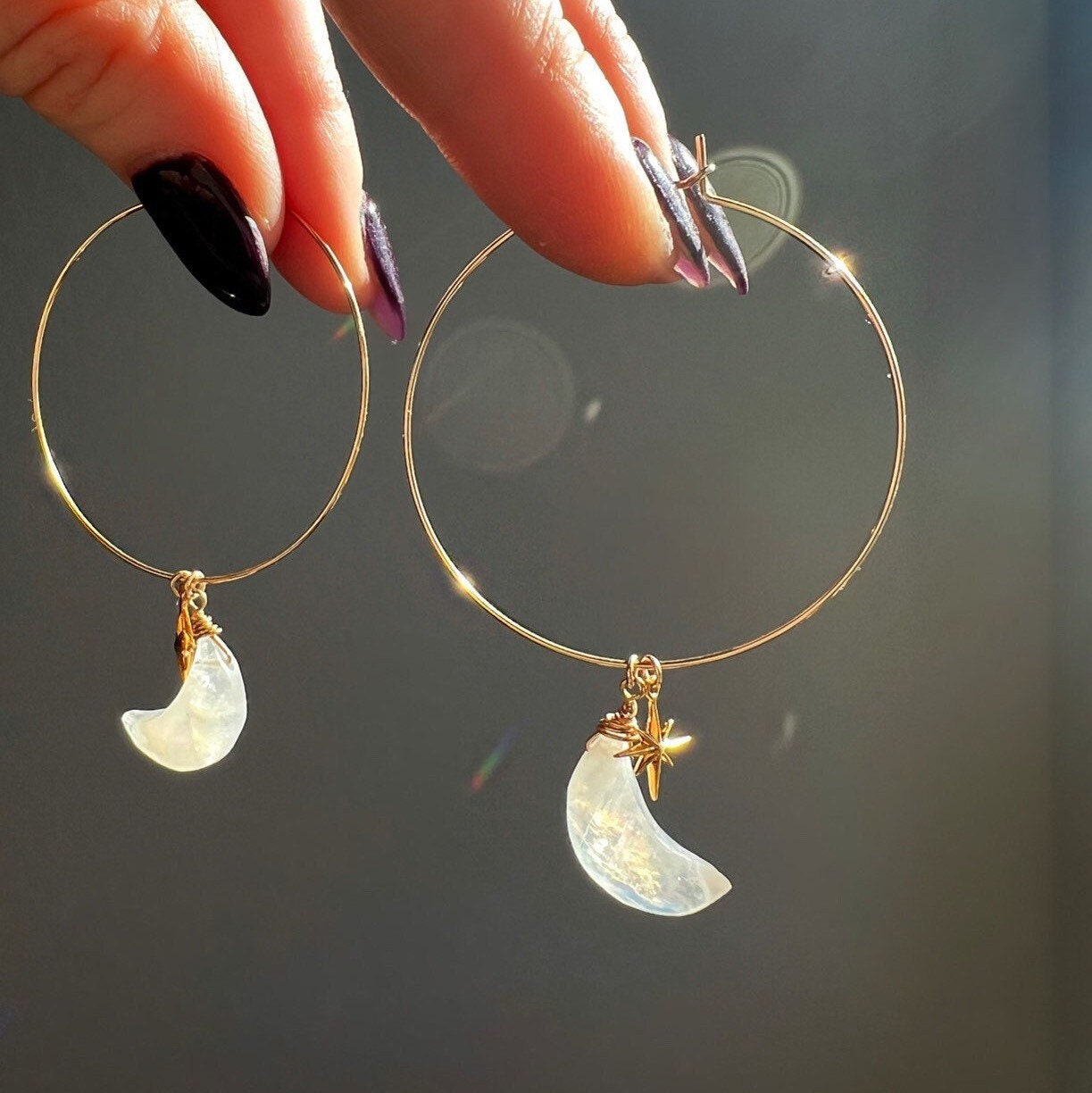 Rainbow Moonstone Hoop Earrings, Moonstone Moon Earrings, Moon and Star Earrings, Moon and Stars Gift, Moonstone Crystal Gold Hoop Earrings