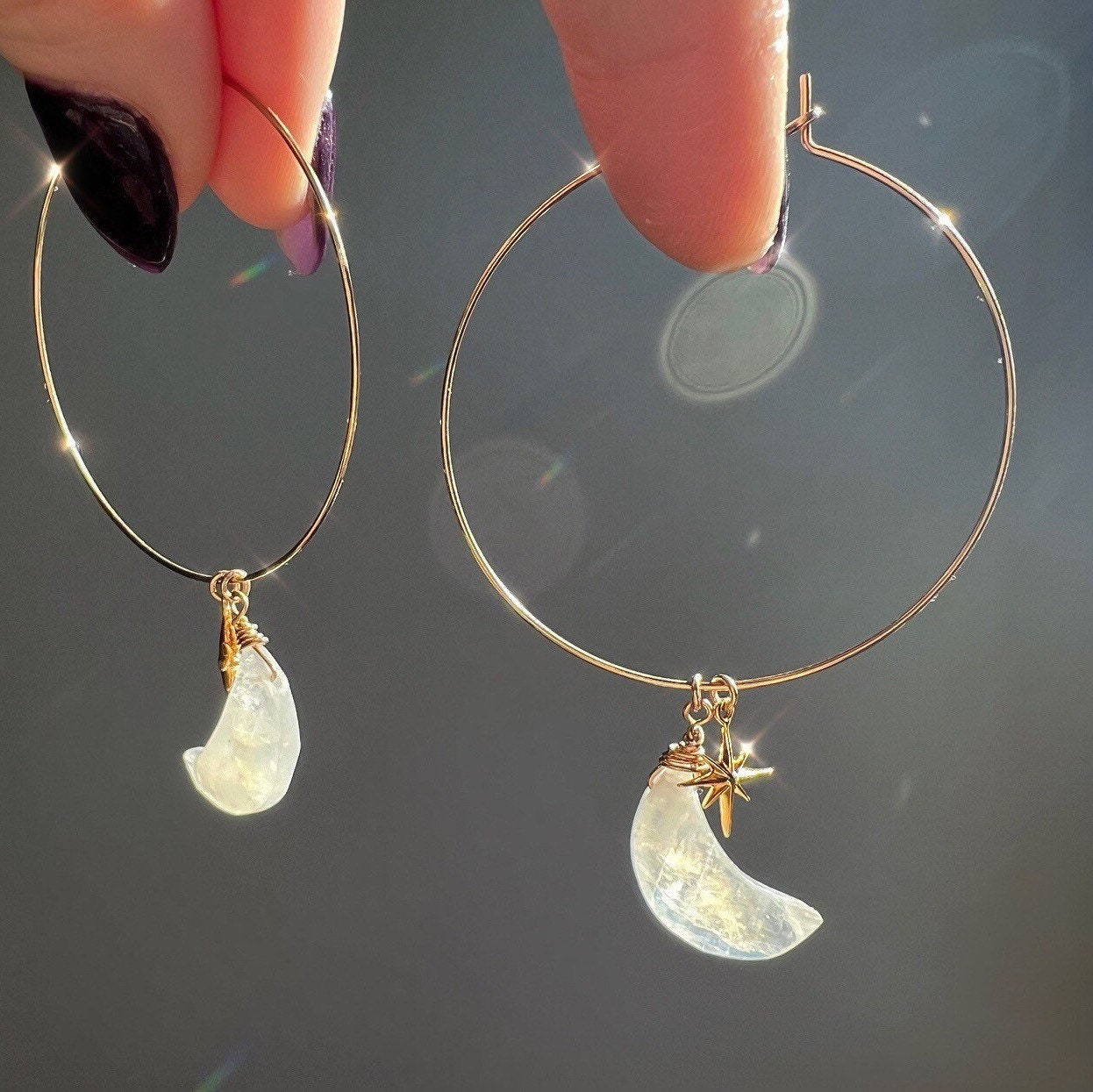 Rainbow Moonstone Hoop Earrings, Moonstone Moon Earrings, Moon and Star Earrings, Moon and Stars Gift, Moonstone Crystal Gold Hoop Earrings