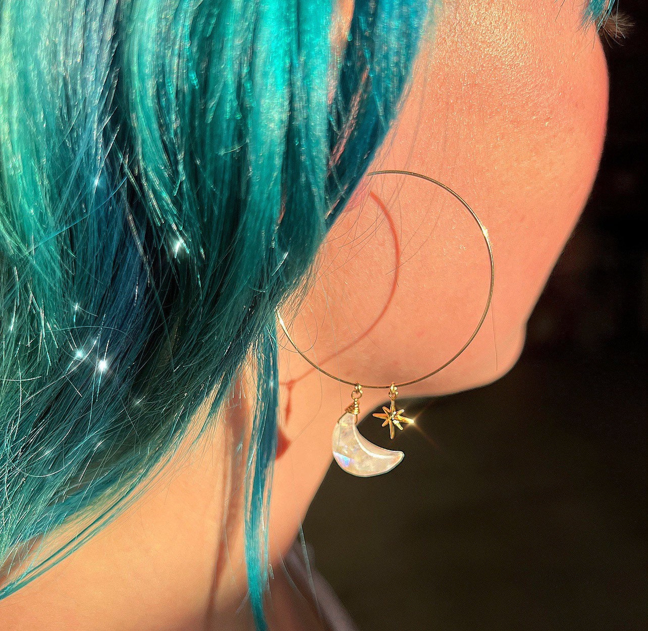 Rainbow Moonstone Hoop Earrings, Moonstone Moon Earrings, Moon and Star Earrings, Moon and Stars Gift, Moonstone Crystal Gold Hoop Earrings
