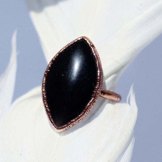 Obsidian Statement Ring, Black Marquise Stone Ring, Black Crystal Cocktail Ring, Large Black Oval Ring, Obsidian Jewelry, Obsidian Stone