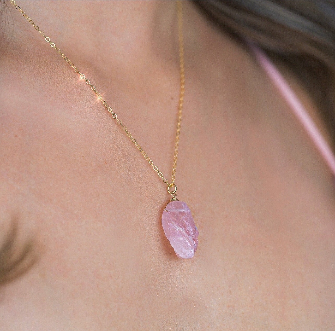 Rose Quartz Necklace Real, Rose Quartz Pendant Necklace, Rose Quartz Pendant Gold, Raw Rose Quartz Crystal, Heart Chakra Necklace