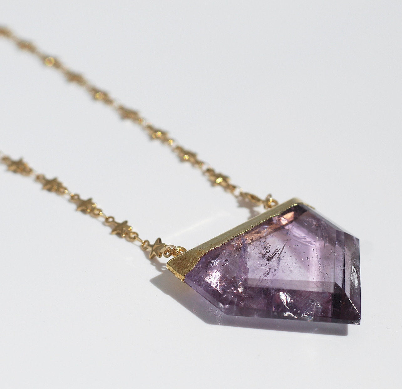 Big Amethyst Point Necklace with Tiny Star Chain, Chunky Terminated Amethyst Crystal, Crystal Shield Necklace Silver, Amethyst Pendant Gold