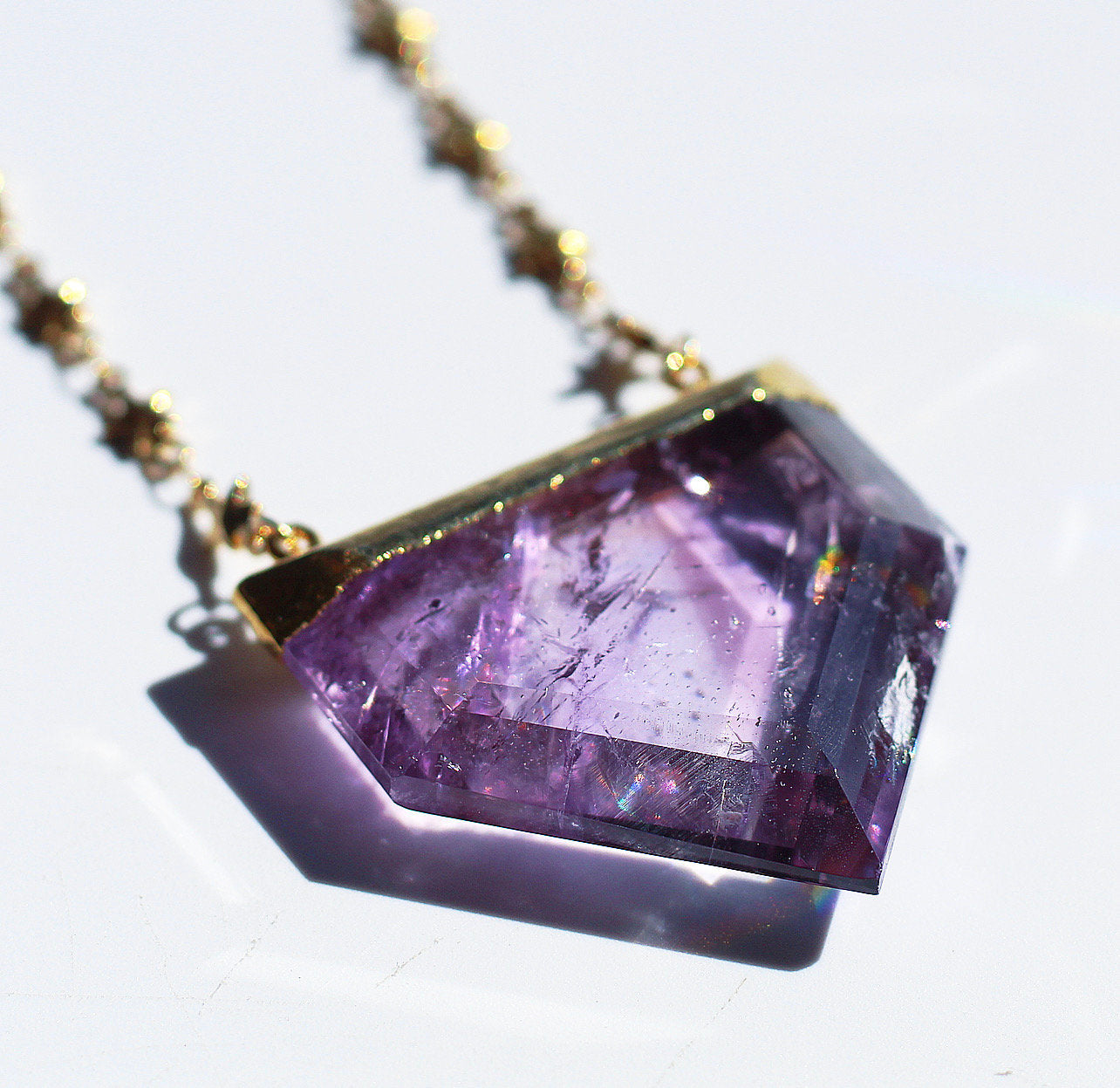 Amethyst crystal shield necklace with star chain- handcrafted gold/ silver  electroformed jewelry- uniquely faceted chunky amethyst point pendant –  Buddha Blossom Jewels