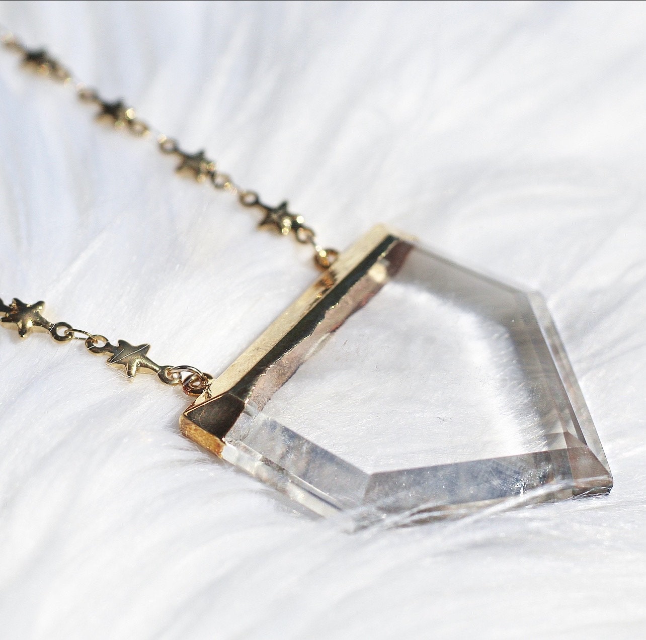 Large Quartz Point Necklace with Tiny Star Chain, Big Terminated Crystal, Quartz Shield Pendant Gold, Clear Quartz Necklace Silver