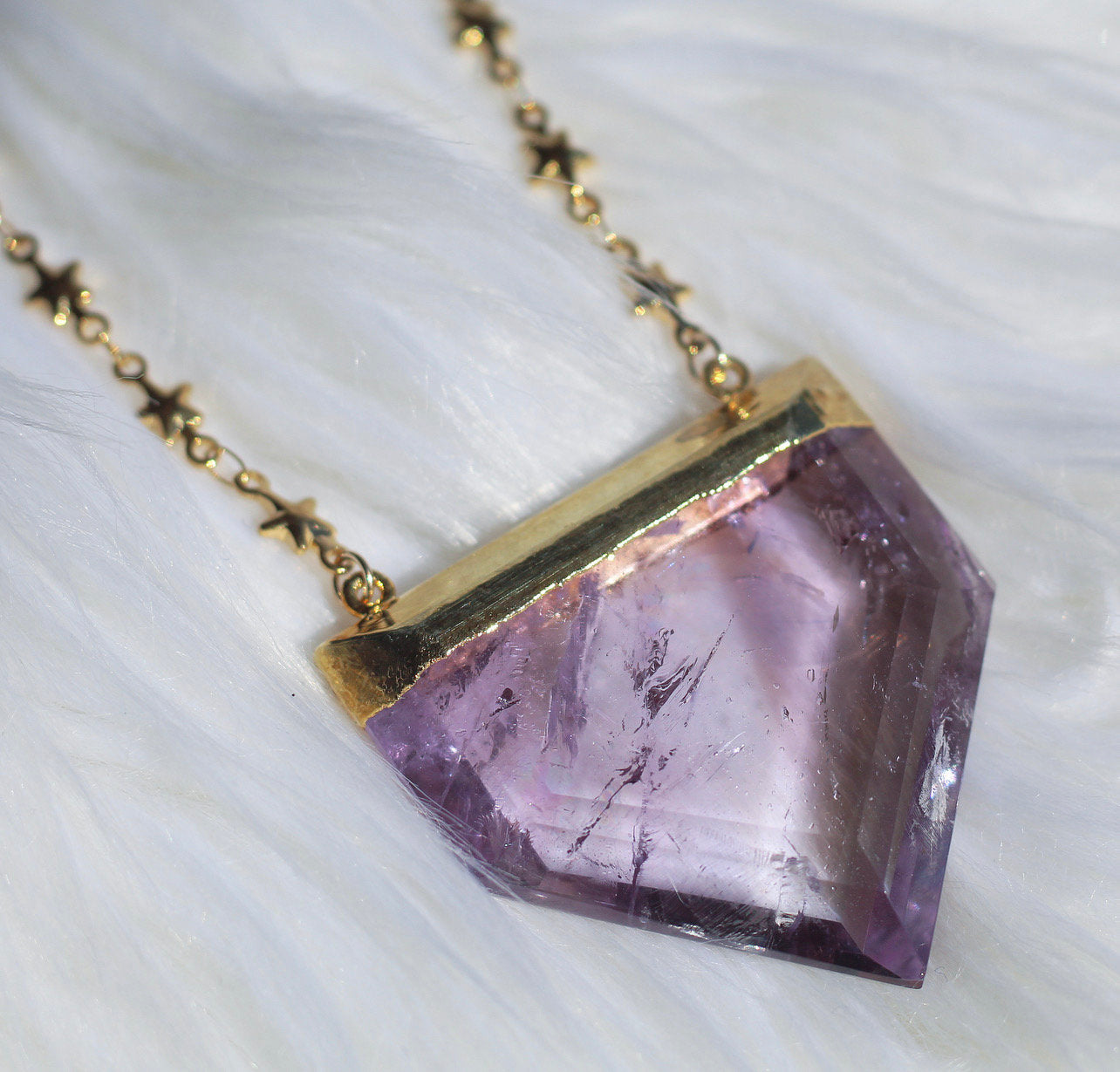 Big Amethyst Point Necklace with Tiny Star Chain, Chunky Terminated Amethyst Crystal, Crystal Shield Necklace Silver, Amethyst Pendant Gold