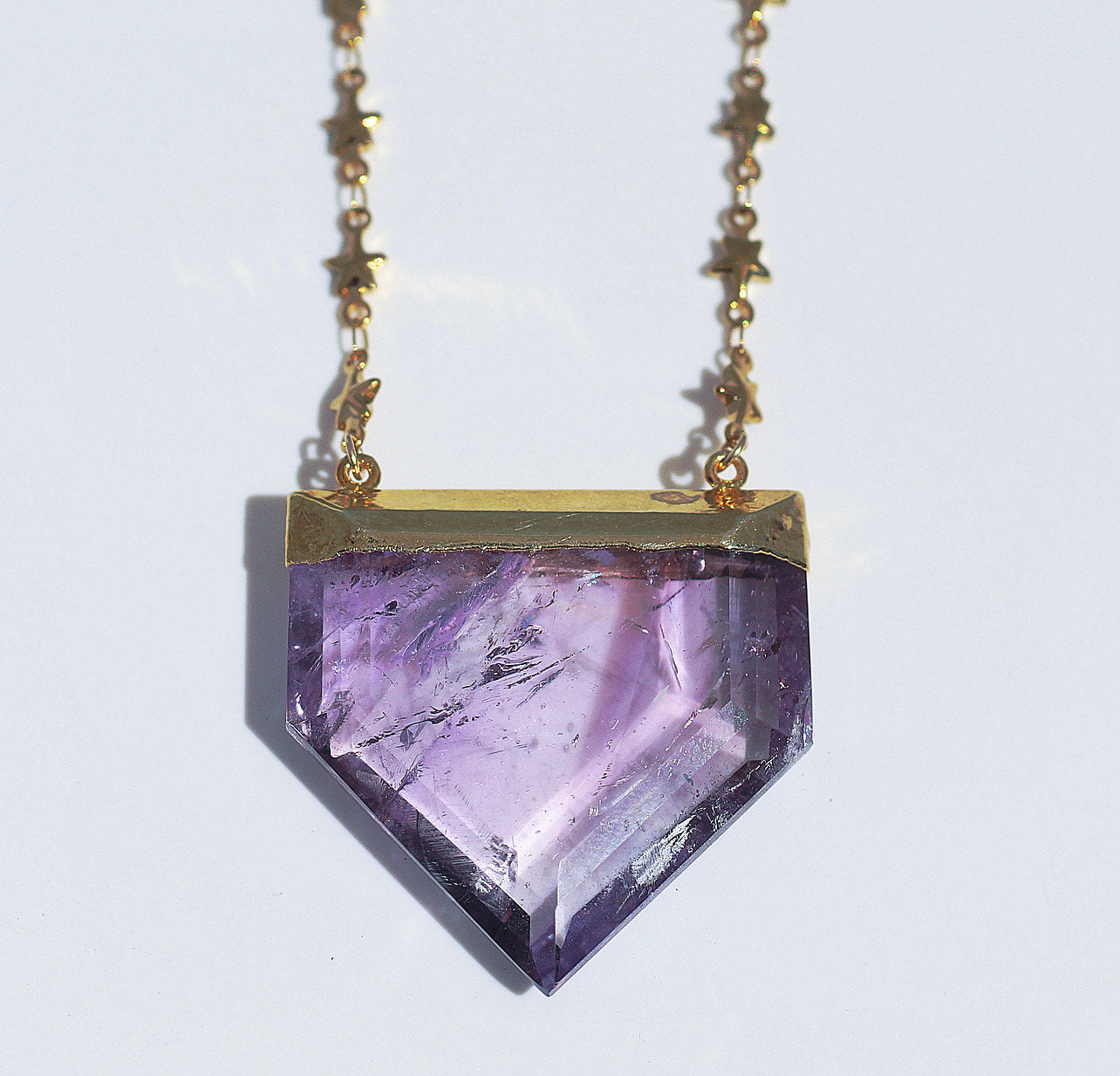 Big Amethyst Point Necklace with Tiny Star Chain, Chunky Terminated Amethyst Crystal, Crystal Shield Necklace Silver, Amethyst Pendant Gold