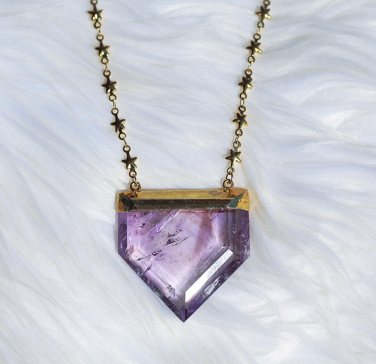 Big Amethyst Point Necklace with Tiny Star Chain, Chunky Terminated Amethyst Crystal, Crystal Shield Necklace Silver, Amethyst Pendant Gold