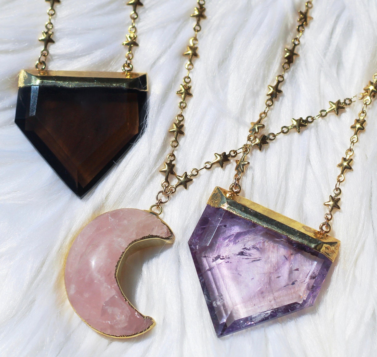 Big Amethyst Point Necklace with Tiny Star Chain, Chunky Terminated Amethyst Crystal, Crystal Shield Necklace Silver, Amethyst Pendant Gold