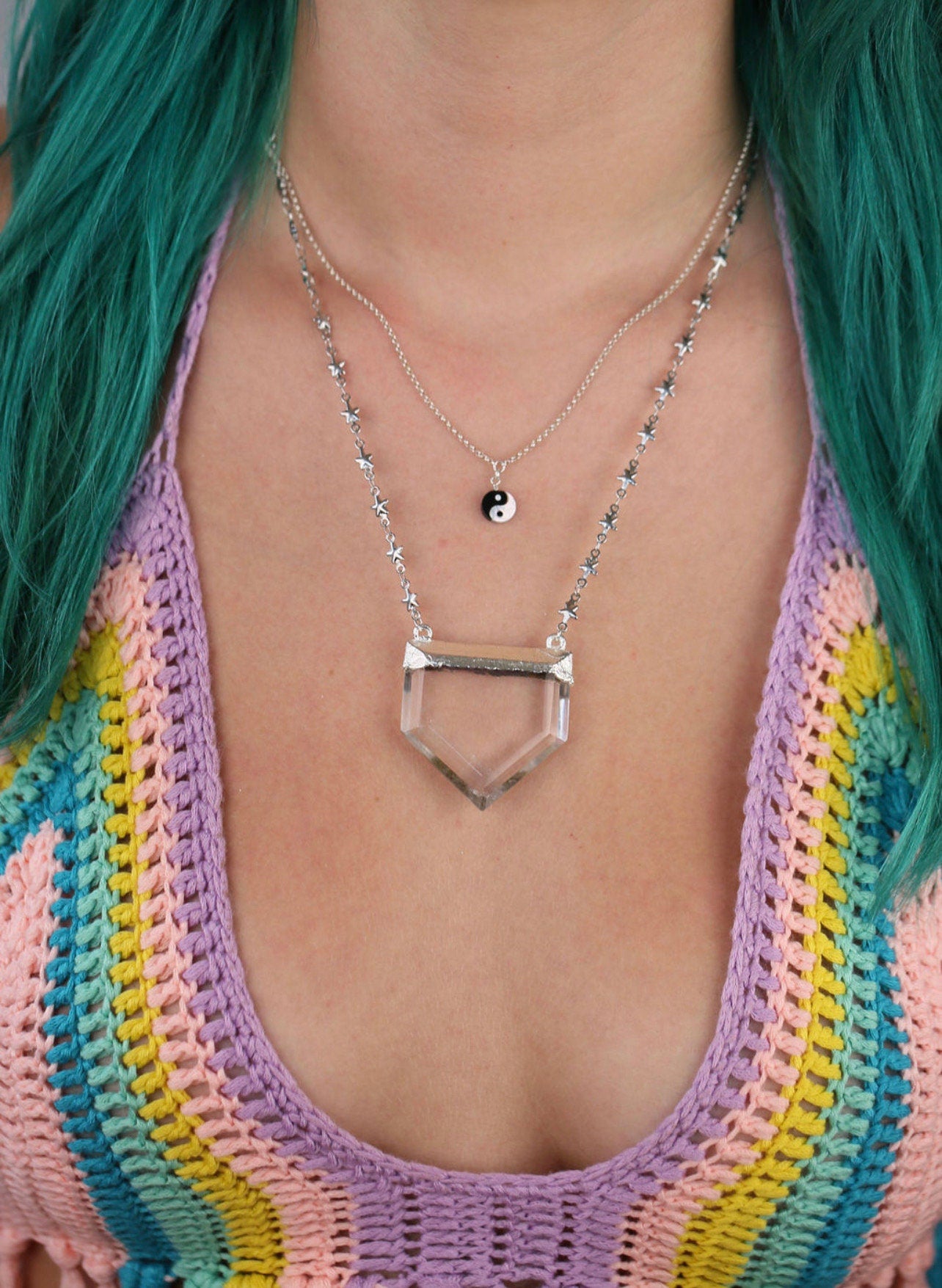 Large Quartz Point Necklace with Tiny Star Chain, Big Terminated Crystal, Quartz Shield Pendant Gold, Clear Quartz Necklace Silver