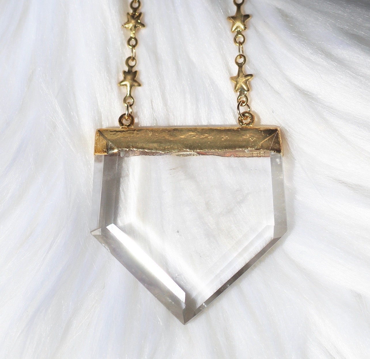 Large Quartz Point Necklace with Tiny Star Chain, Big Terminated Crystal, Quartz Shield Pendant Gold, Clear Quartz Necklace Silver