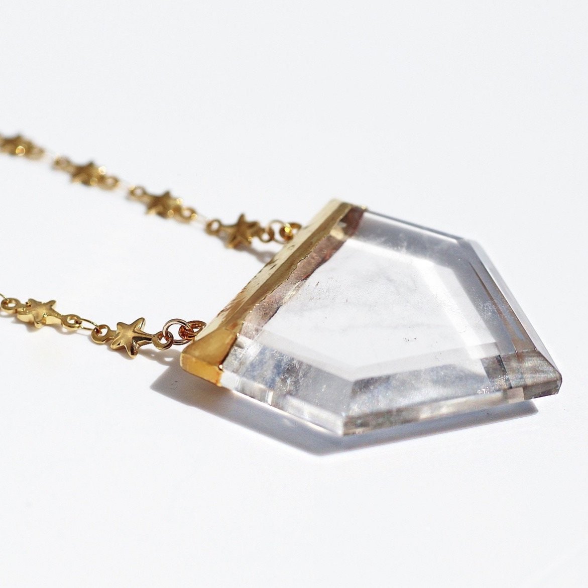 Large Quartz Point Necklace with Tiny Star Chain, Big Terminated Crystal, Quartz Shield Pendant Gold, Clear Quartz Necklace Silver