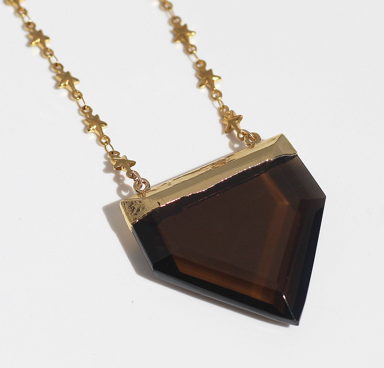Chunky Smoky Quartz with Tiny Star Chain Necklace, Large Terminated Smoky Quartz Pendant, Smoky Quartz Shield Necklace Gold, Dark Crystal