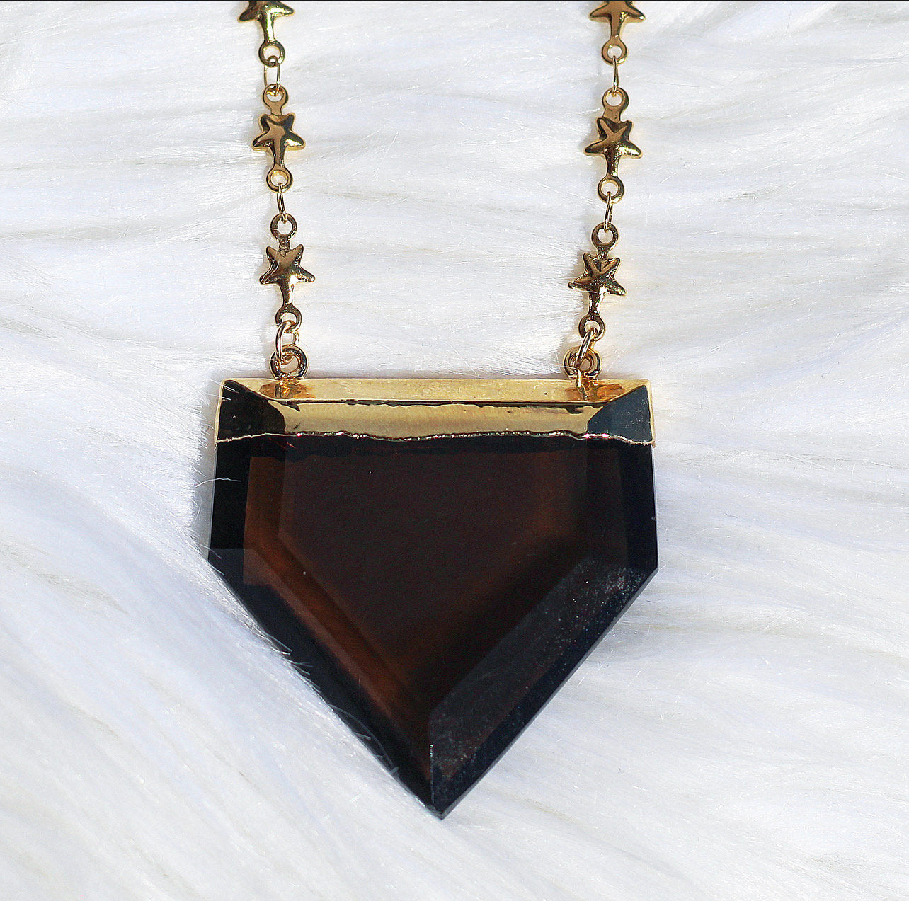 Chunky Smoky Quartz with Tiny Star Chain Necklace, Large Terminated Smoky Quartz Pendant, Smoky Quartz Shield Necklace Gold, Dark Crystal