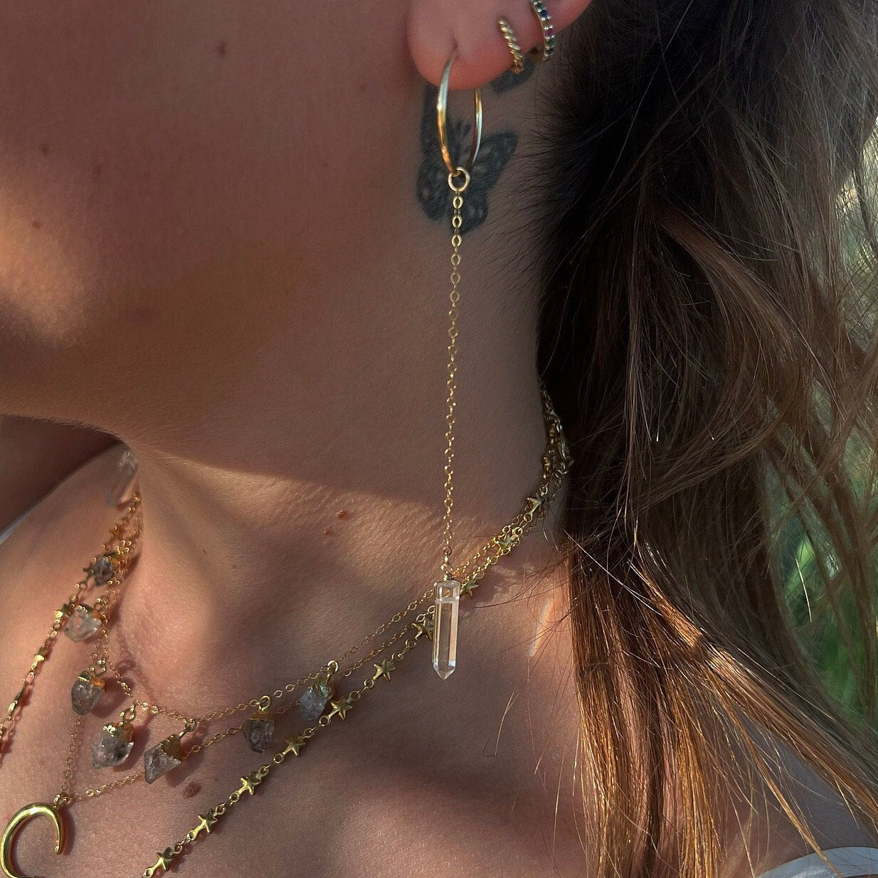 Crystal Quartz Duster Earrings, Duster Hoop Earrings, Lightweight Dangle Earrings, 14k Gold Filled Wedding Earrings