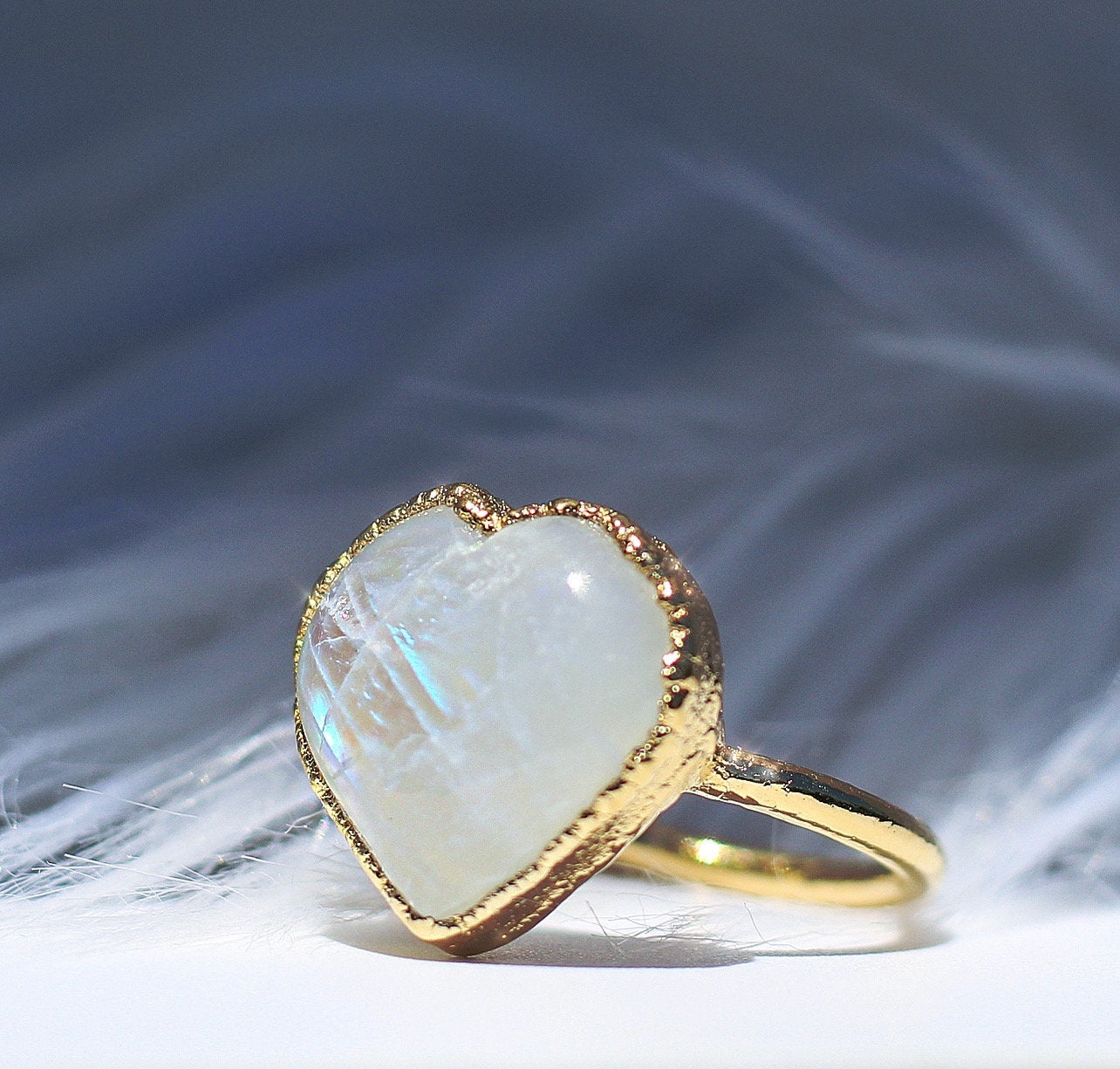 Moonstone Heart Ring, Big Crystal Heart Ring, Heart Stone Ring, Copper Moonstone Ring, Love Ring, Rainbow Moonstone Jewelry