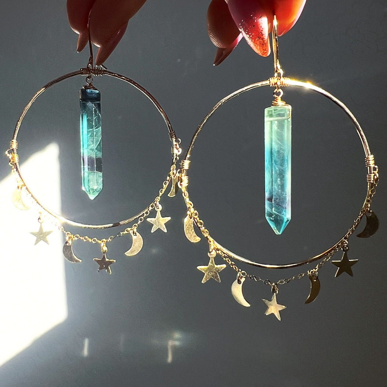 Moon and Star Crystal Hoop Earrings, Celestial Statement Earrings, Gypsy Hoop Earrings, Gold Moon Jewelry, Moon and Star Jewelry