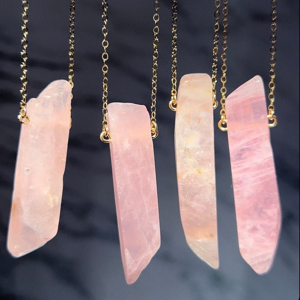 Raw Rose Quartz Healing Crystal Bar Necklace, 14k Rose Gold Filled Chain, Sterling Silver Crystal, 14k Gold Filled Crystal Necklace