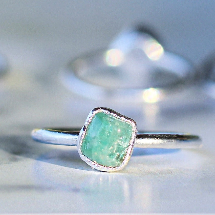 Raw Emerald Ring in Sterling Silver, silver ring,