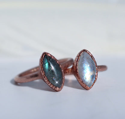 Moonstone or Labradorite Tiny Marquise Stone Ring in Copper