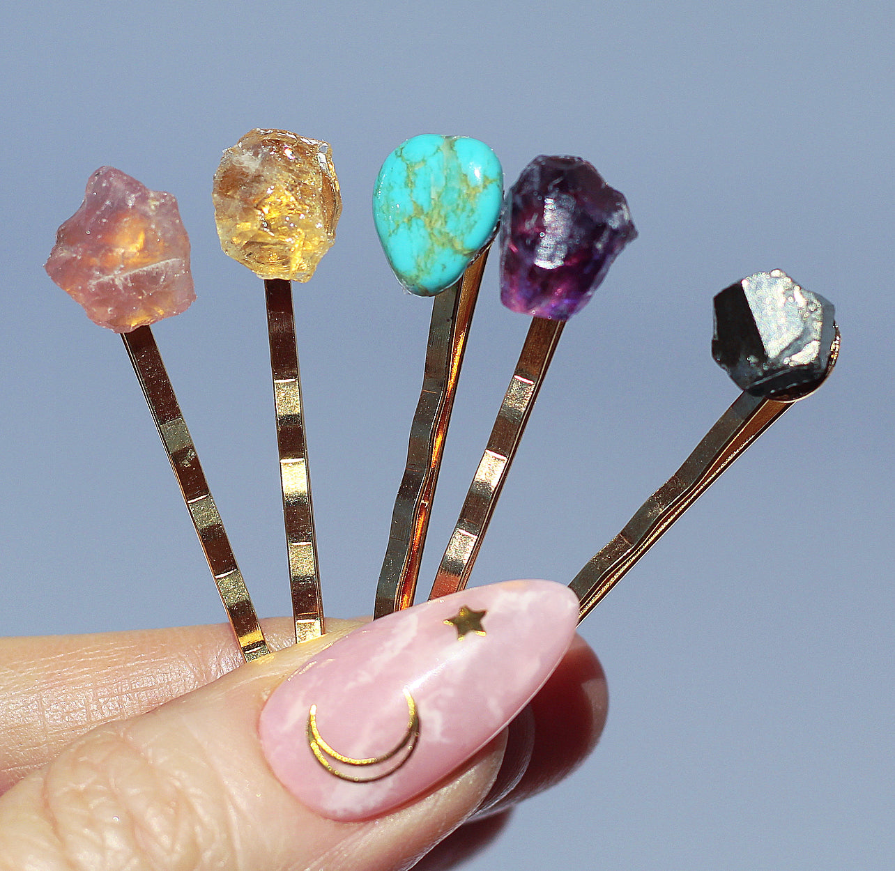 Raw Crystal Hair Pins Gold Rose Quartz - Main Image