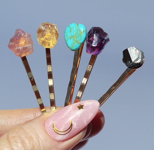 Crystal Hair Pins, Raw Stone Hair Pins, Rose Quartz Hair Accessory, Turquoise Hair Clip, Gemstone Barrette, Raw Crystal Hair Clip, Boho Hair