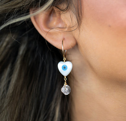 Mother of Pearl Evil Eye Heart and Herkimer Diamond Huggie Hoops in 14k Gold or Sterling Silver