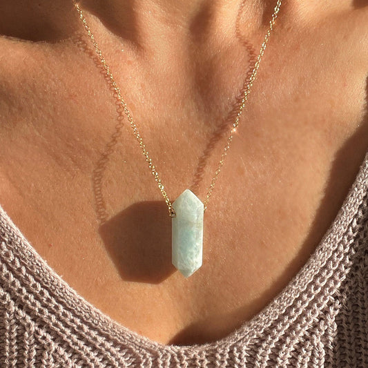 Aquamarine Crystal Point Necklace on 14k Gold Filled or Sterling Silver Chain
