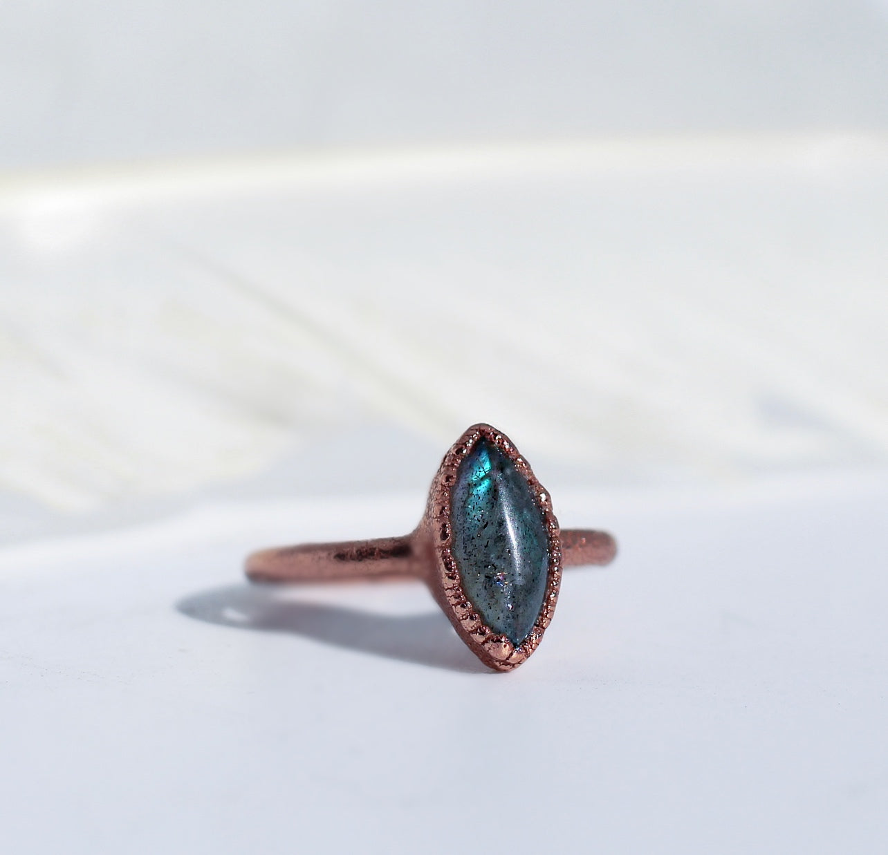 Moonstone or Labradorite Tiny Marquise Stone Ring in Copper
