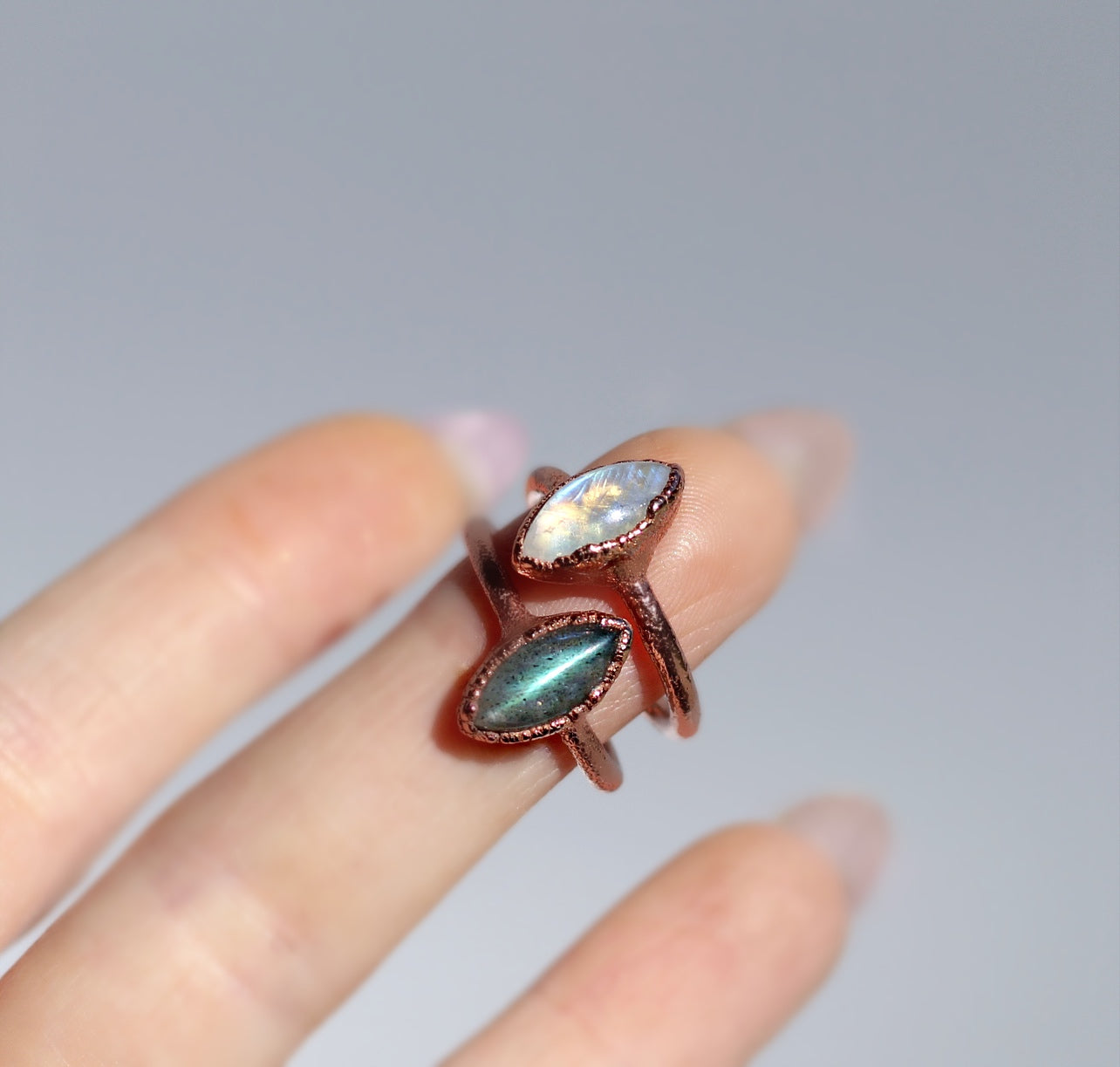 Moonstone or Labradorite Tiny Marquise Stone Ring in Copper