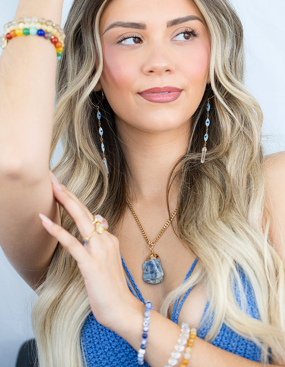Mother of Pearl Evil Eye Crystal Quartz Duster Hoops