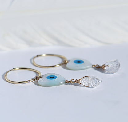 Mother of Pearl Evil Eye Heart and Herkimer Diamond Huggie Hoops in 14k Gold or Sterling Silver