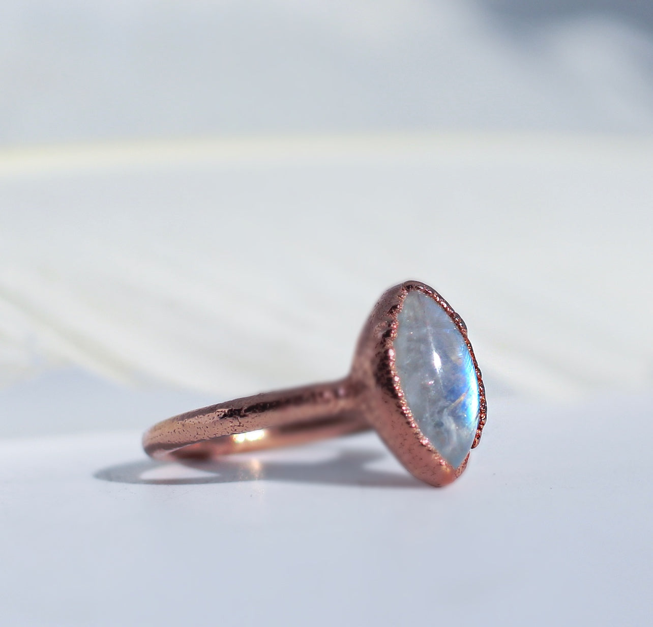 Moonstone or Labradorite Tiny Marquise Stone Ring in Copper