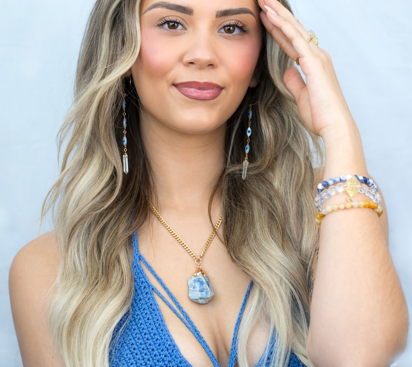 Mother of Pearl Evil Eye Crystal Quartz Duster Hoops