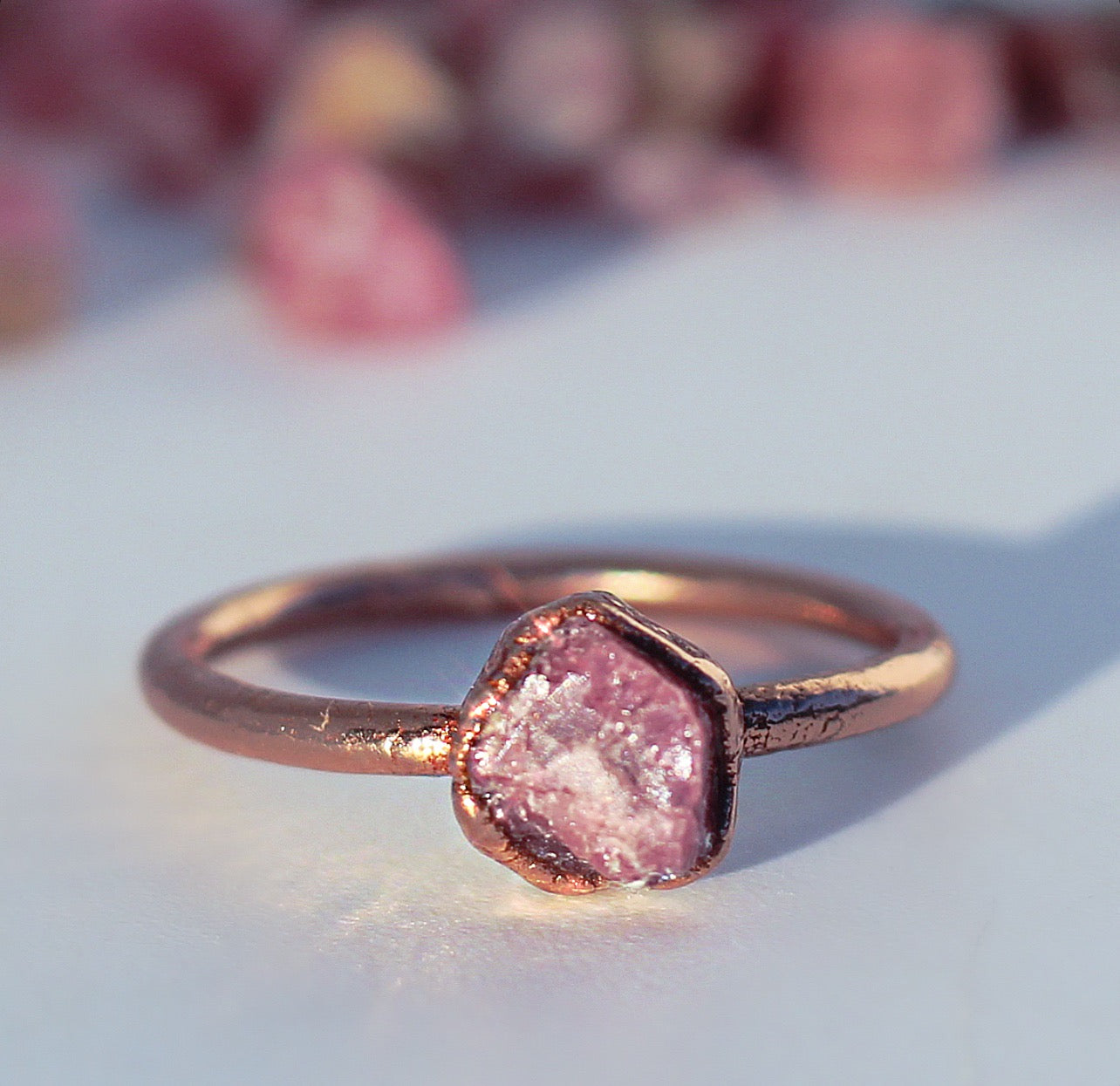 Raw Pink Tourmaline Stacking Ring in Copper