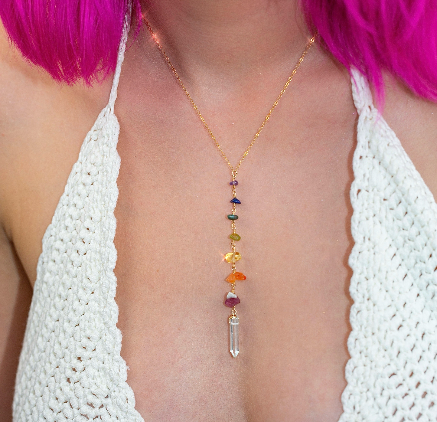 Glow Up! 7 Chakra Gemstone Y Necklace in 14k Gold Filled or Sterling Silver