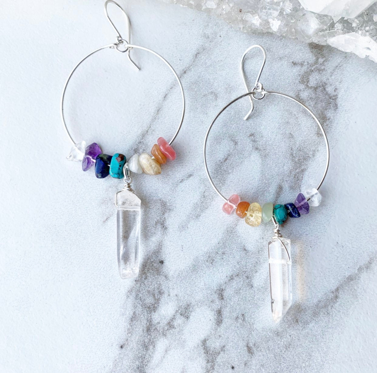 Chakra stone hoop earrings- 7 natural gemstones- crystal quartz point