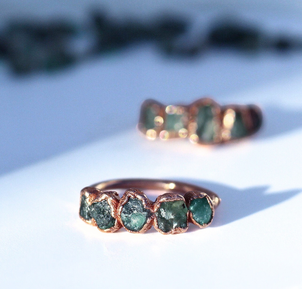 Raw Emerald Multi-Stone Ring in Copper, Natural Emerald Boho Ring, Unique Copper Gemstone Jewelry, Handcrafted Bohemian Accessory, Gift