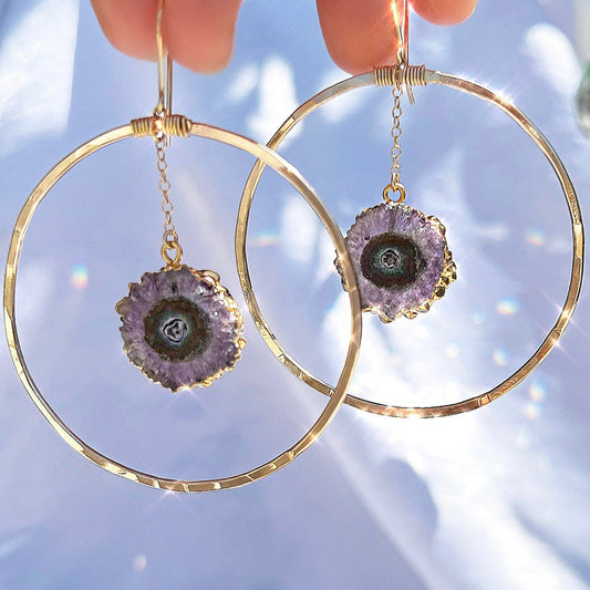 Amethyst Stalactite Hammered Hoop Earrings in 14k Gold Filled or Sterling Silver