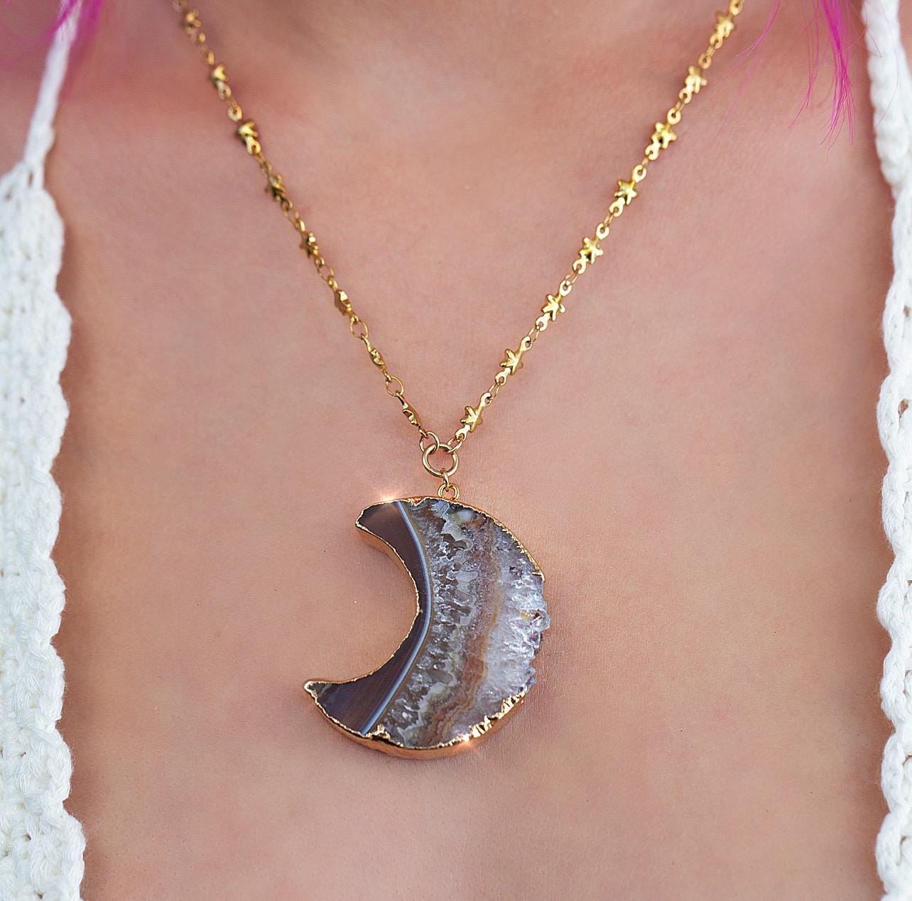 Amethyst Geode Moon Necklace, Big Moon Pendant, Crescent Moon Necklace, Gemstone Moon Pendant, Moon and Stars Necklace, Moon Lover Jewelry