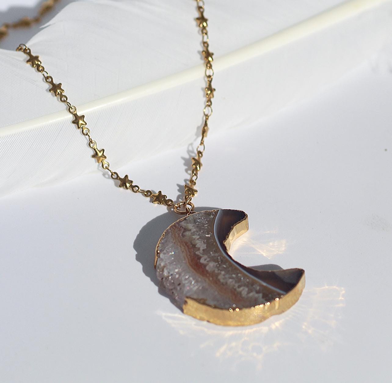 Amethyst Geode Moon Necklace, Big Moon Pendant, Crescent Moon Necklace, Gemstone Moon Pendant, Moon and Stars Necklace, Moon Lover Jewelry